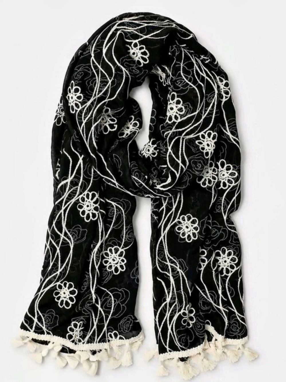 Black Scarf with White Floral Embroidery and Tassels